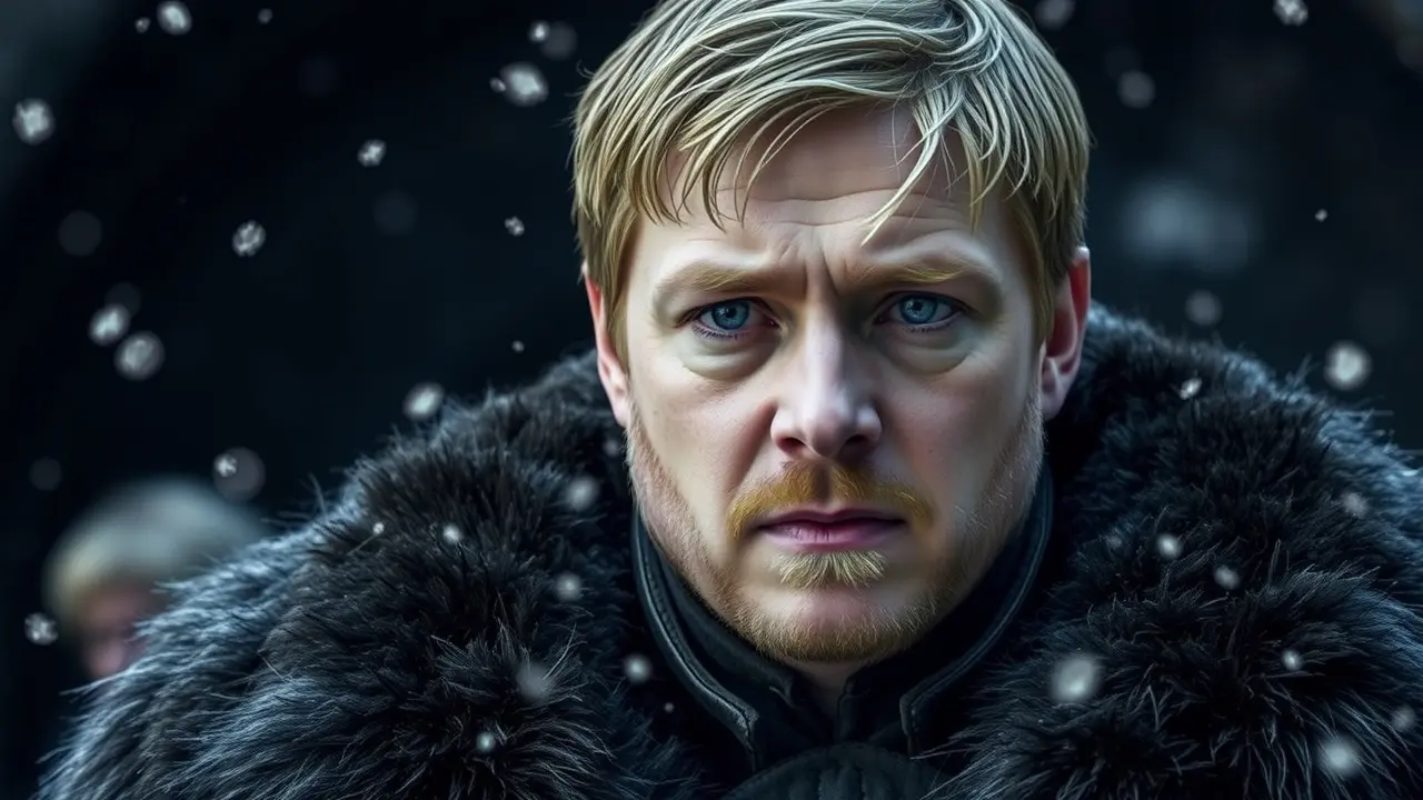 Ned Stark com semblante sério em Winterfell