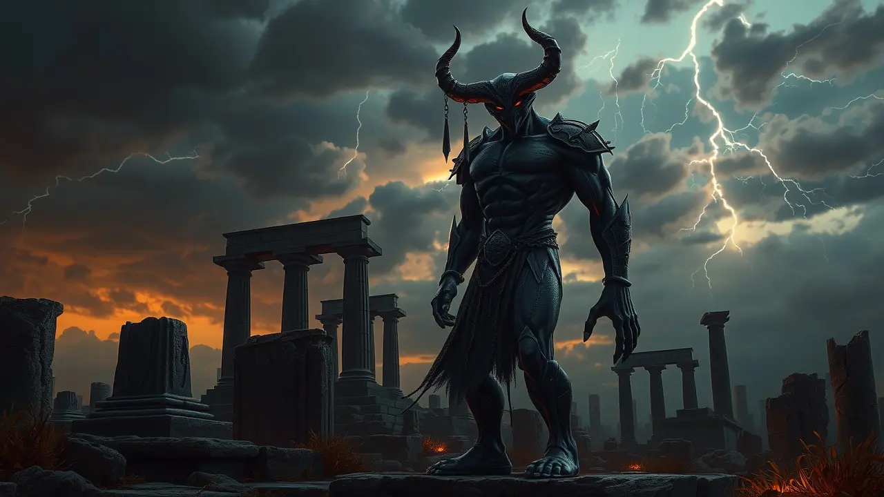Sonhar com Nefilim: Desvende os Significados e Símbolos Ocultos Figura imponente de um nefilim em ruínas antigas.