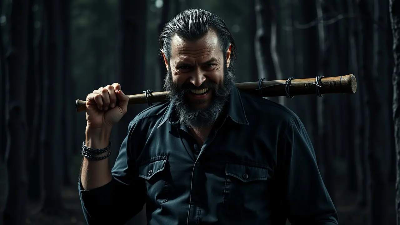 Sonhar com Negan: Descubra o Significado por Trás do Vilão Negan segurando Lucille em floresta escura
