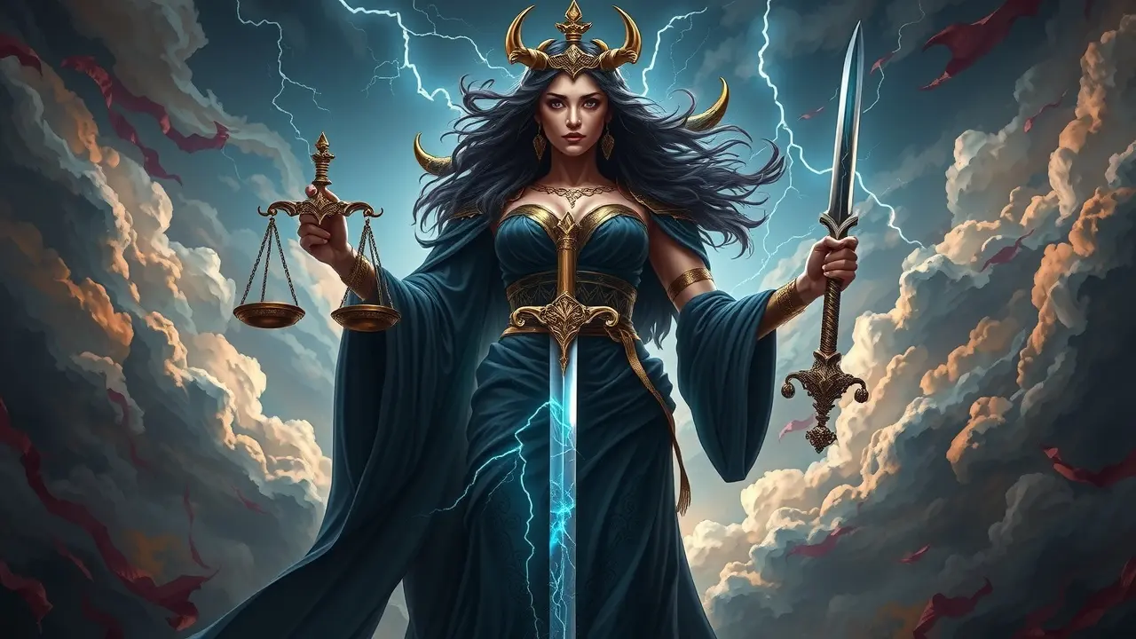 Deusa Nêmesis segurando balança e espada.