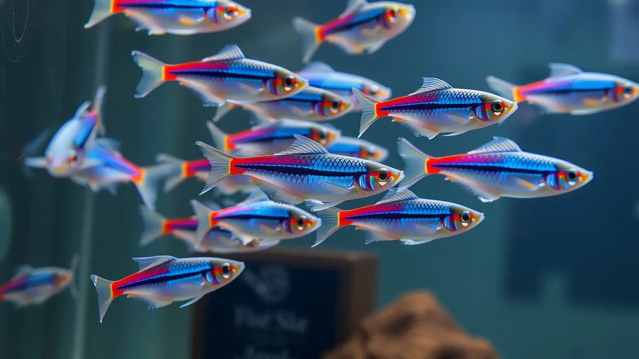 Cardume de peixes neon-cardeal nadando em aquário