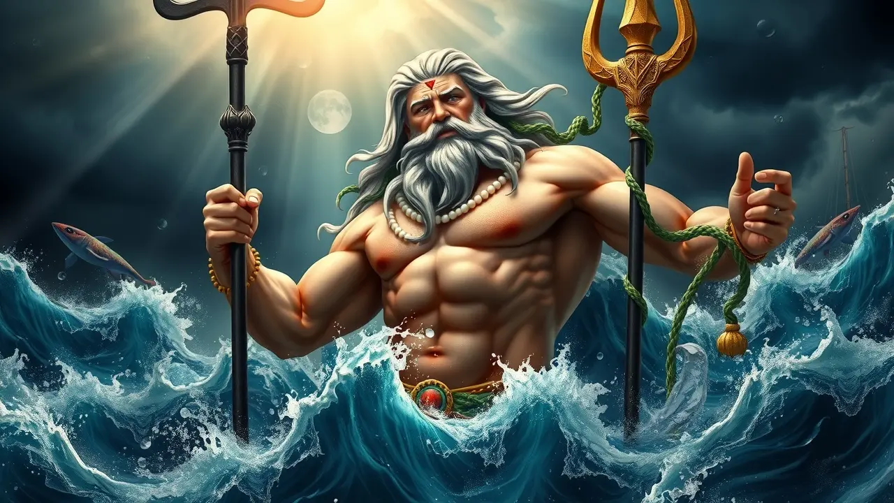 Netuno emergindo do oceano em um sonho.