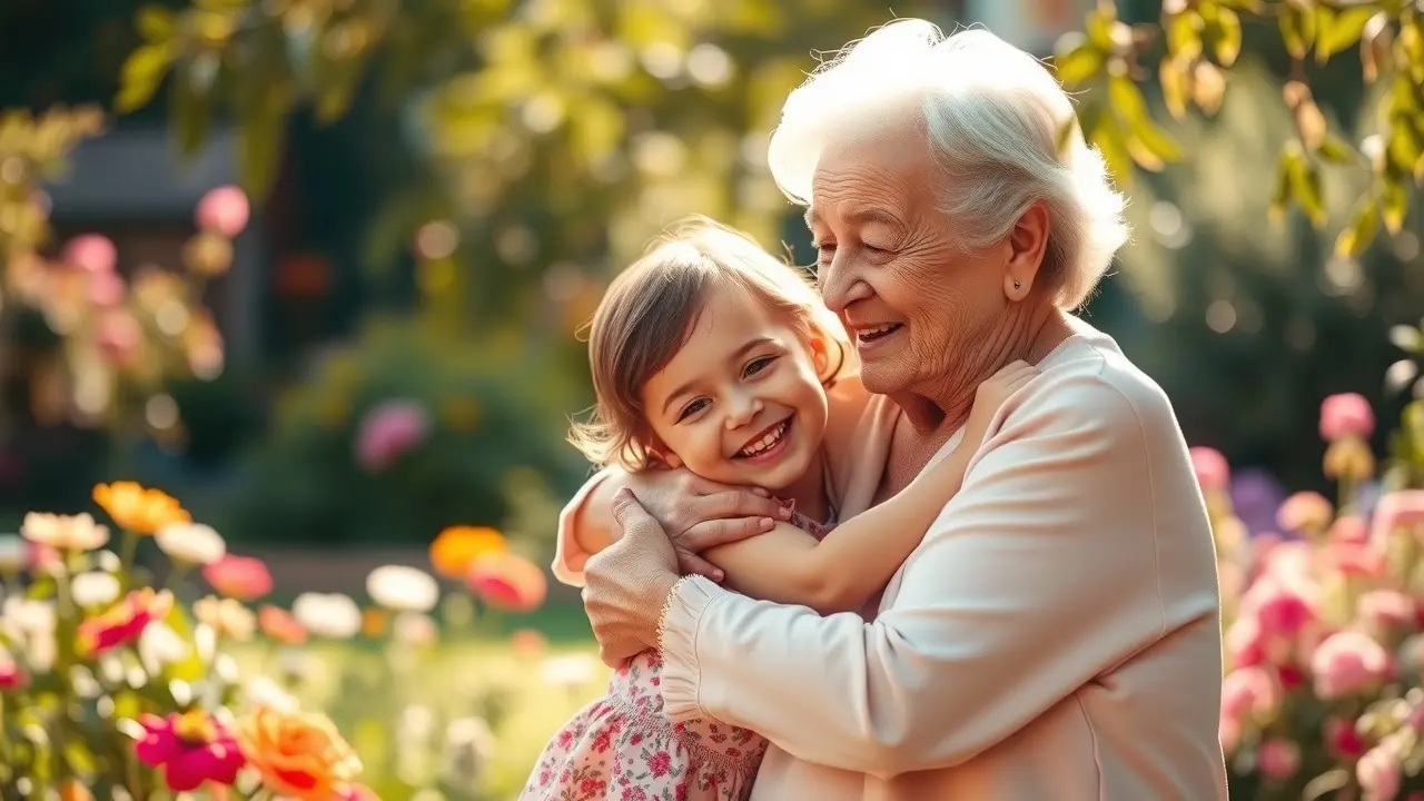 Significado de Sonhar com Neta: Interpretações e Simbolismos Avó abraçando neta em jardim ensolarado