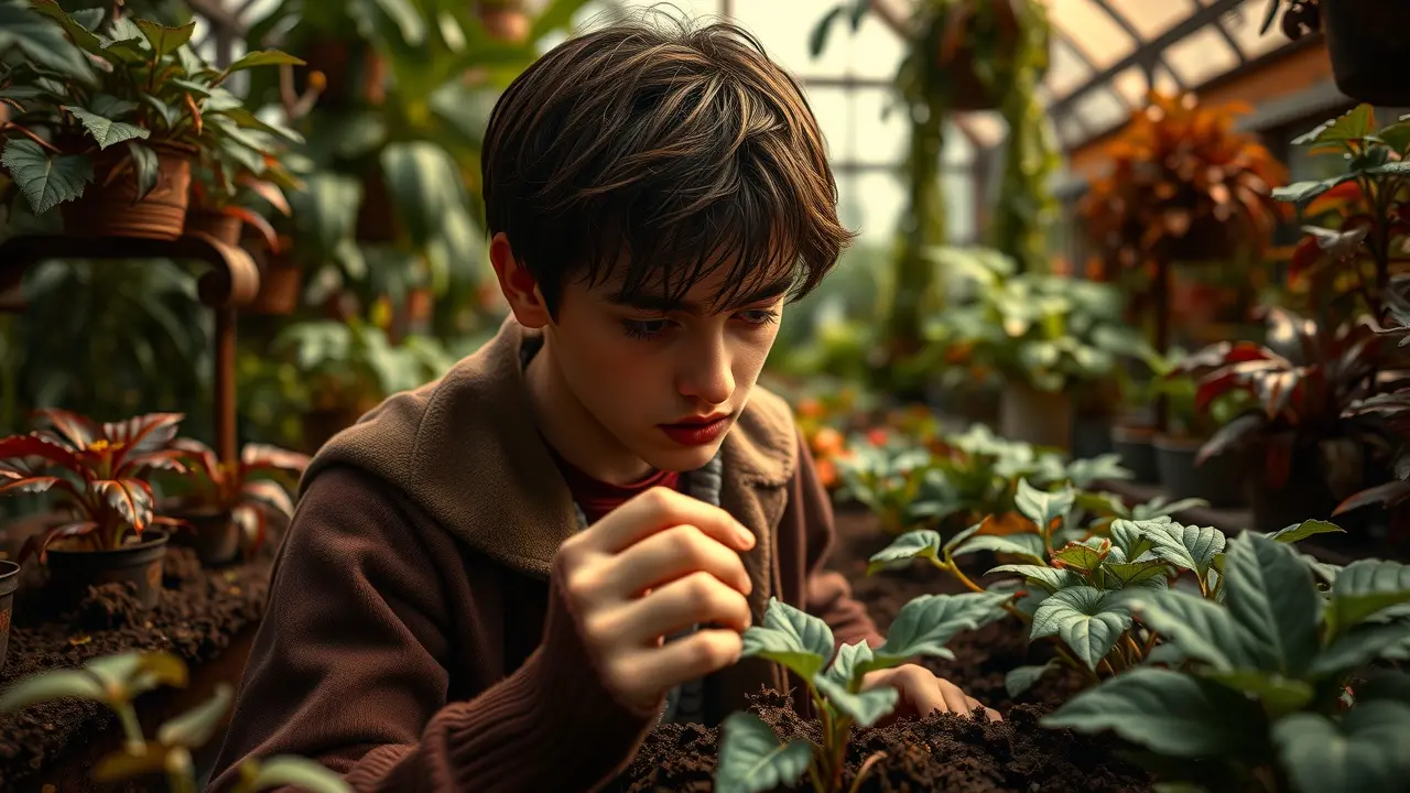 Neville Longbottom cuidando de plantas mágicas