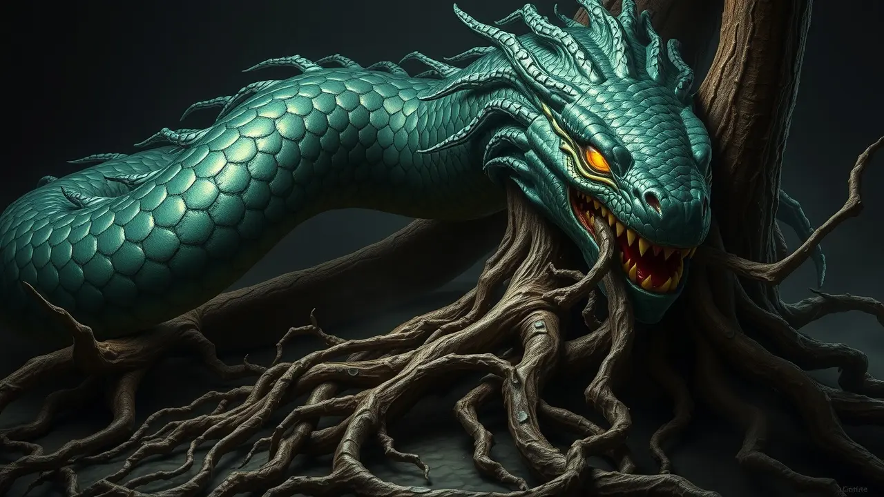 Nidhogg roendo as raízes de Yggdrasil.