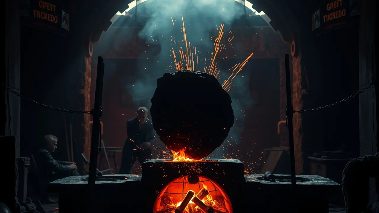 Ferreiro transforma massa escura, simbolizando nigredo.