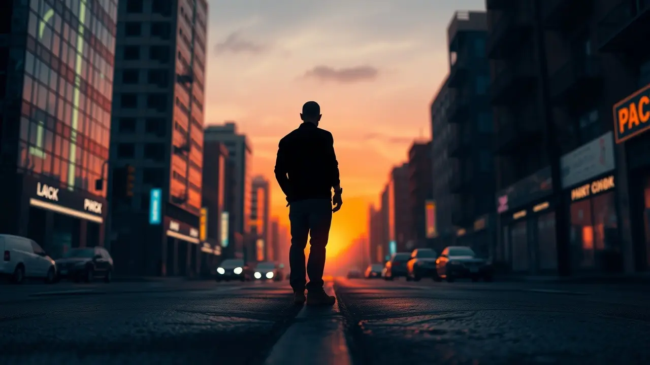 Sonhar com Niko Bellic: Desvende o Significado Oculto Silhueta de Niko Bellic em ambiente urbano.