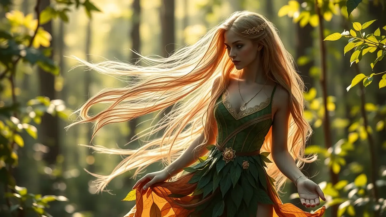 Ninfa etérea na floresta