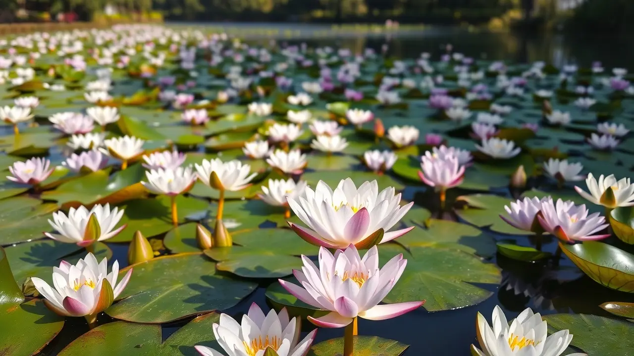 Lago com ninfeias coloridas em plena floração.