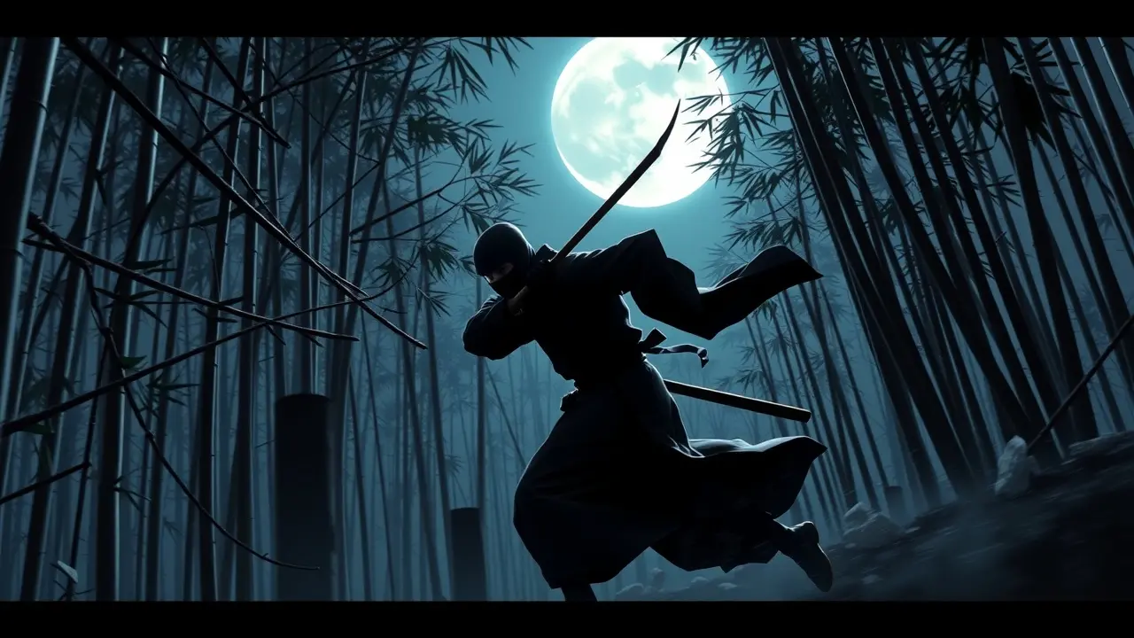 Ninja espreitando na floresta de bambu sob a lua