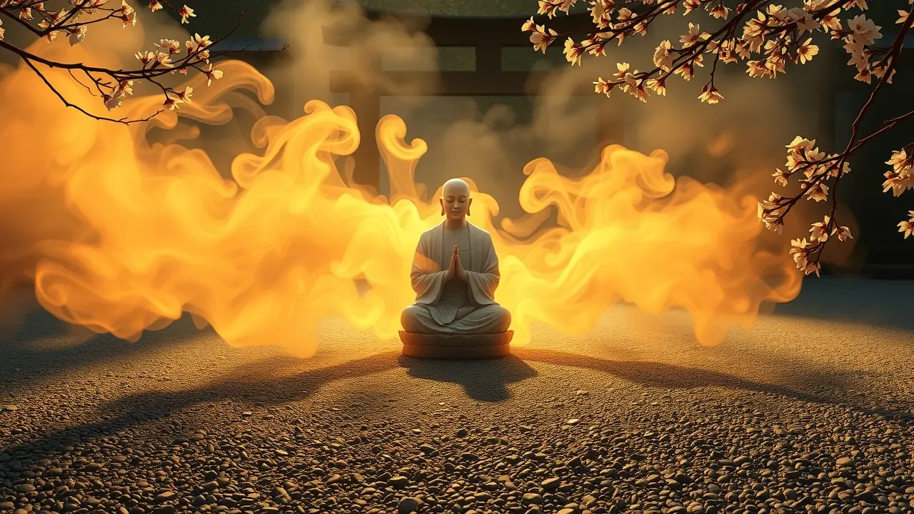 Figura serena emanando luz dourada em jardim zen simbolizando Nirmanakaya