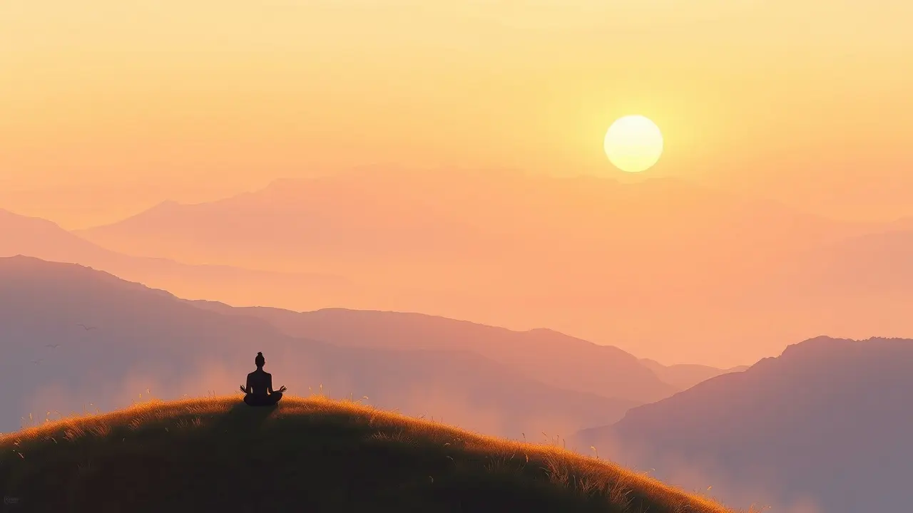 Pessoa meditando em montanha ao nascer do sol, buscando o nirvana