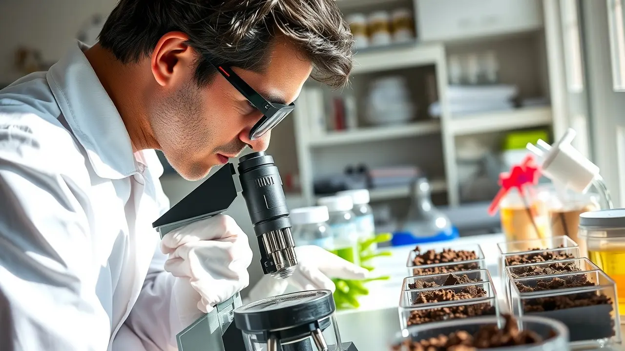 Microbiologista analisando amostras de solo para nitrificação