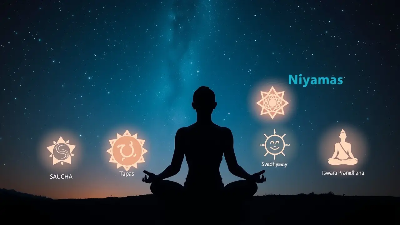 Mulher meditando sob as estrelas, símbolos do Niyama ao redor.