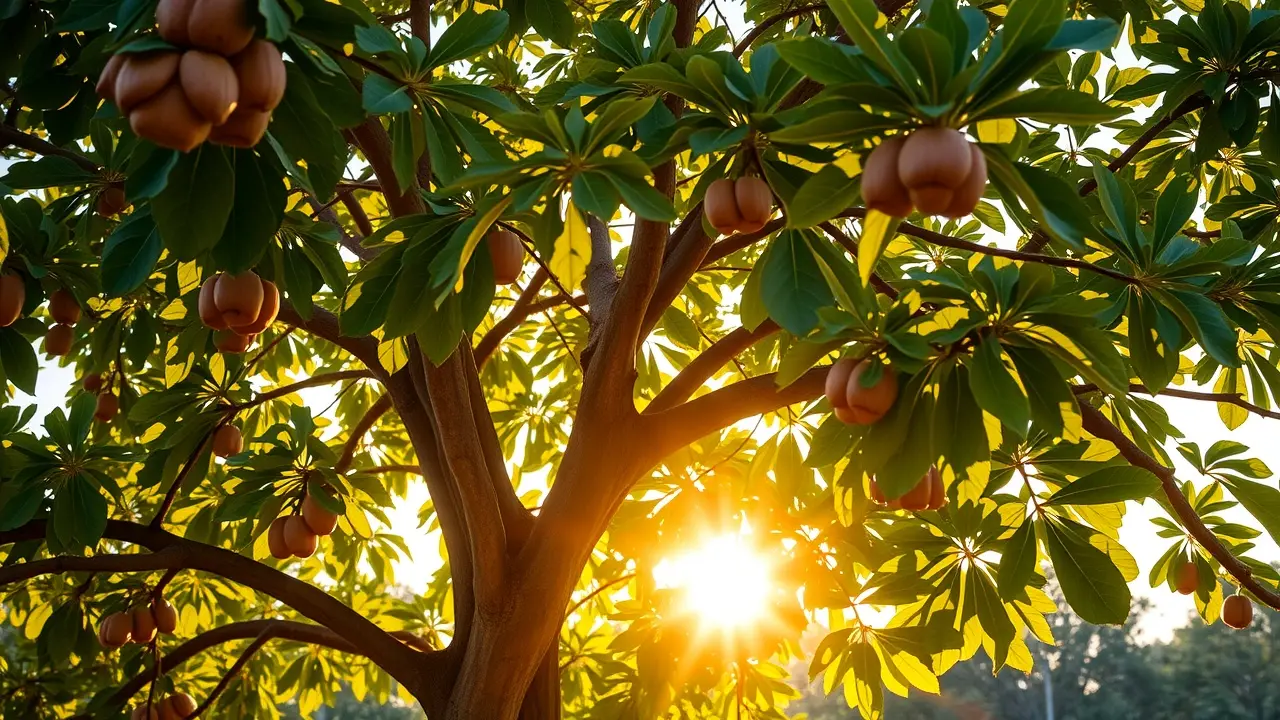 Nogueira exuberante com frutos maduros