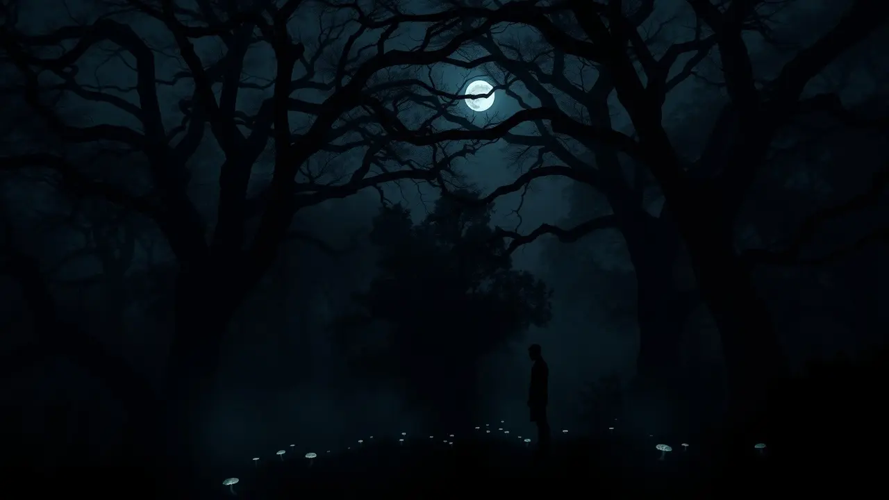 A noite escura e a solidão em uma floresta sombria.