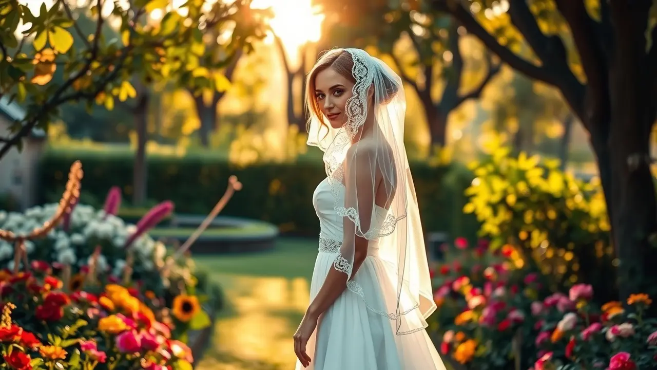Noiva radiante em um jardim ensolarado
