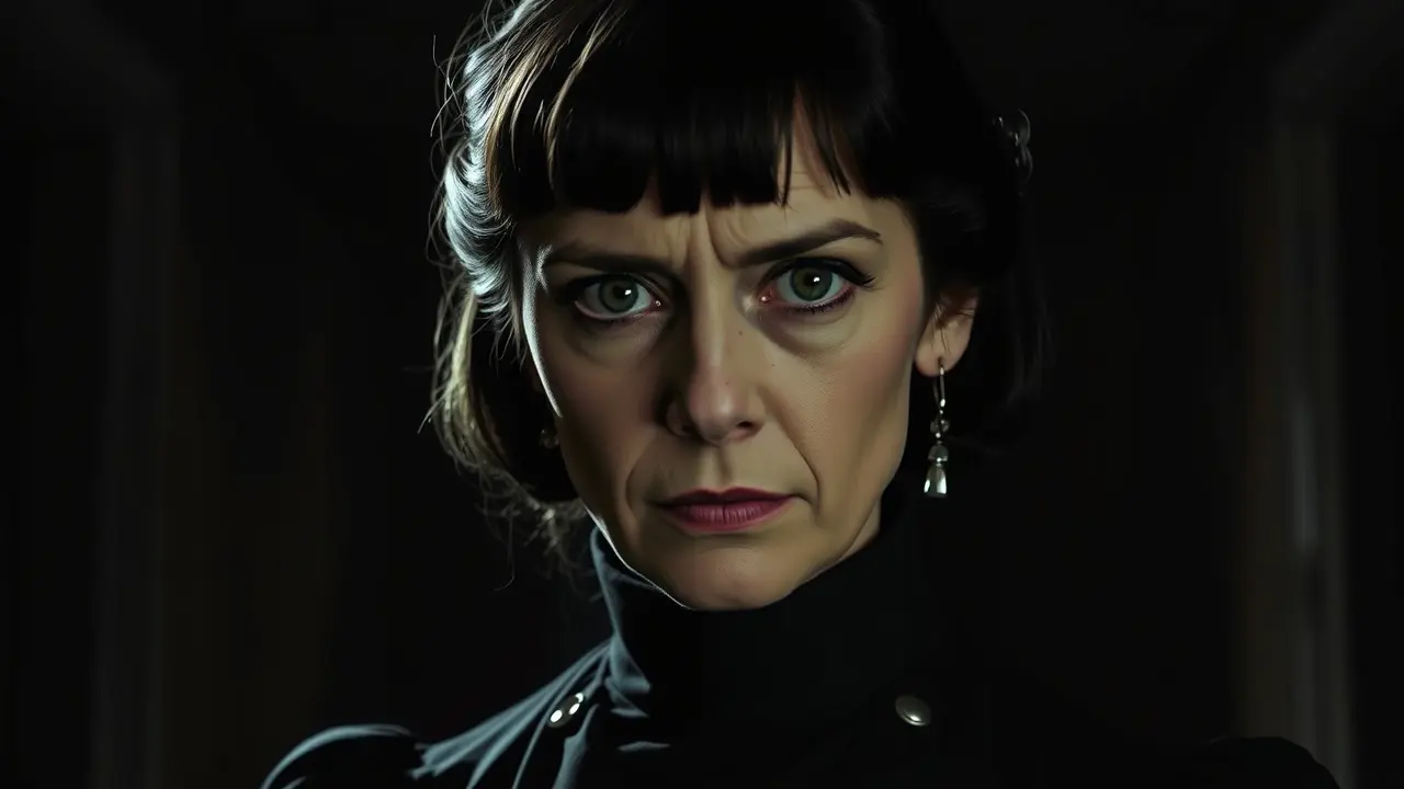 Sonhar com Norma Bates: Desvende os Significados Ocultos Retrato de Norma Bates com olhar intenso.