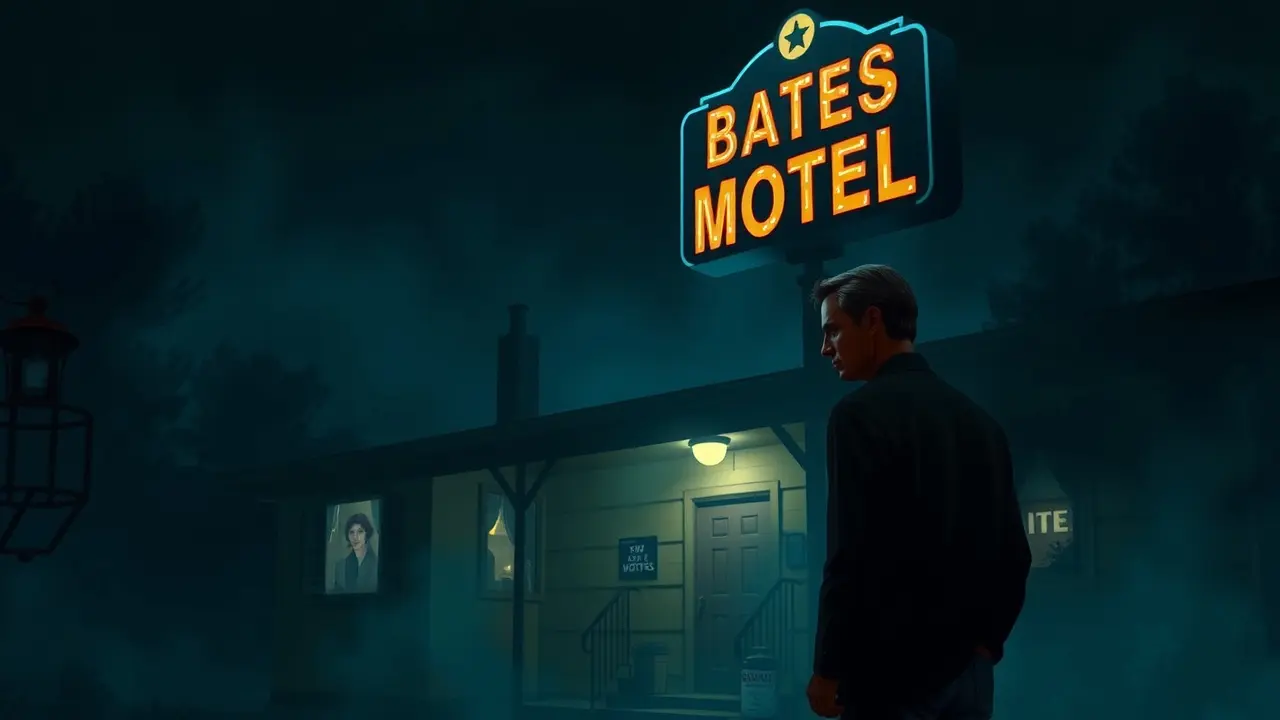 Sonhar com Norman Bates: Desvende os Significados Ocultos Norman Bates em frente ao Motel Bates, à noite