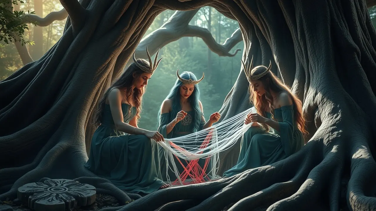 As Nornas tecendo o destino na raiz de Yggdrasil.