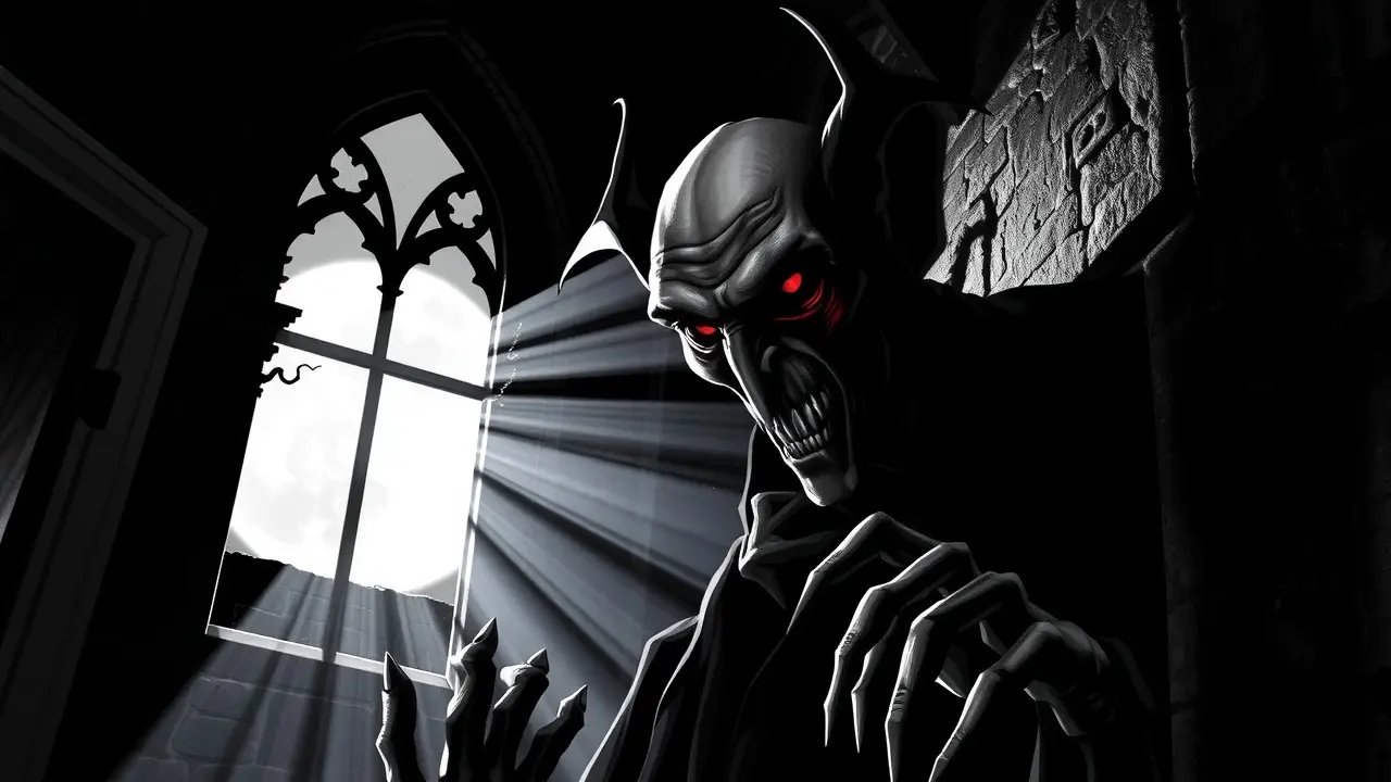 Nosferatu emergindo das sombras em sonho.