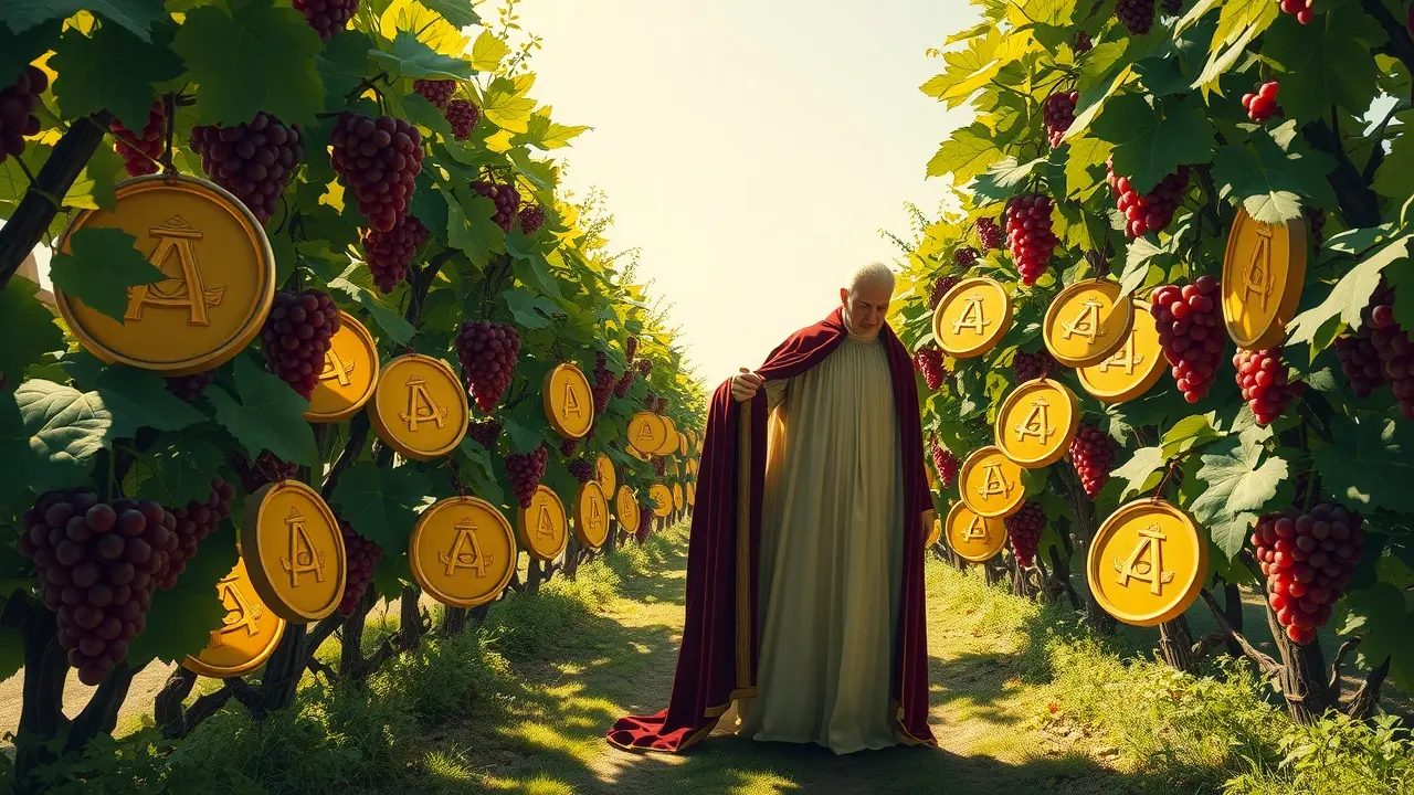 Mulher em jardim exuberante com moedas de ouro