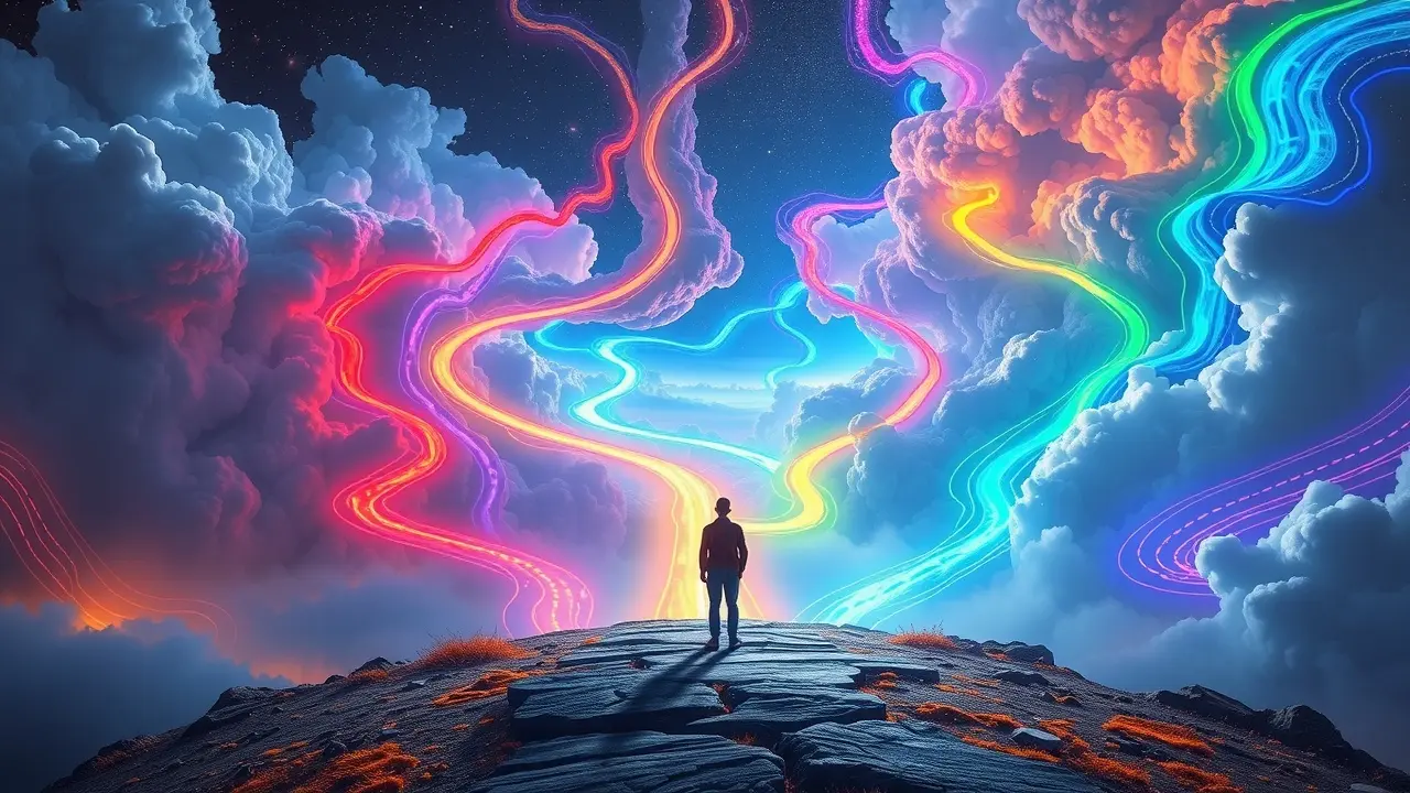 Sonhar com Novidade: Descubra o Significado e as Mensagens Ocultas Pessoa em encruzilhada onírica com caminhos coloridos.