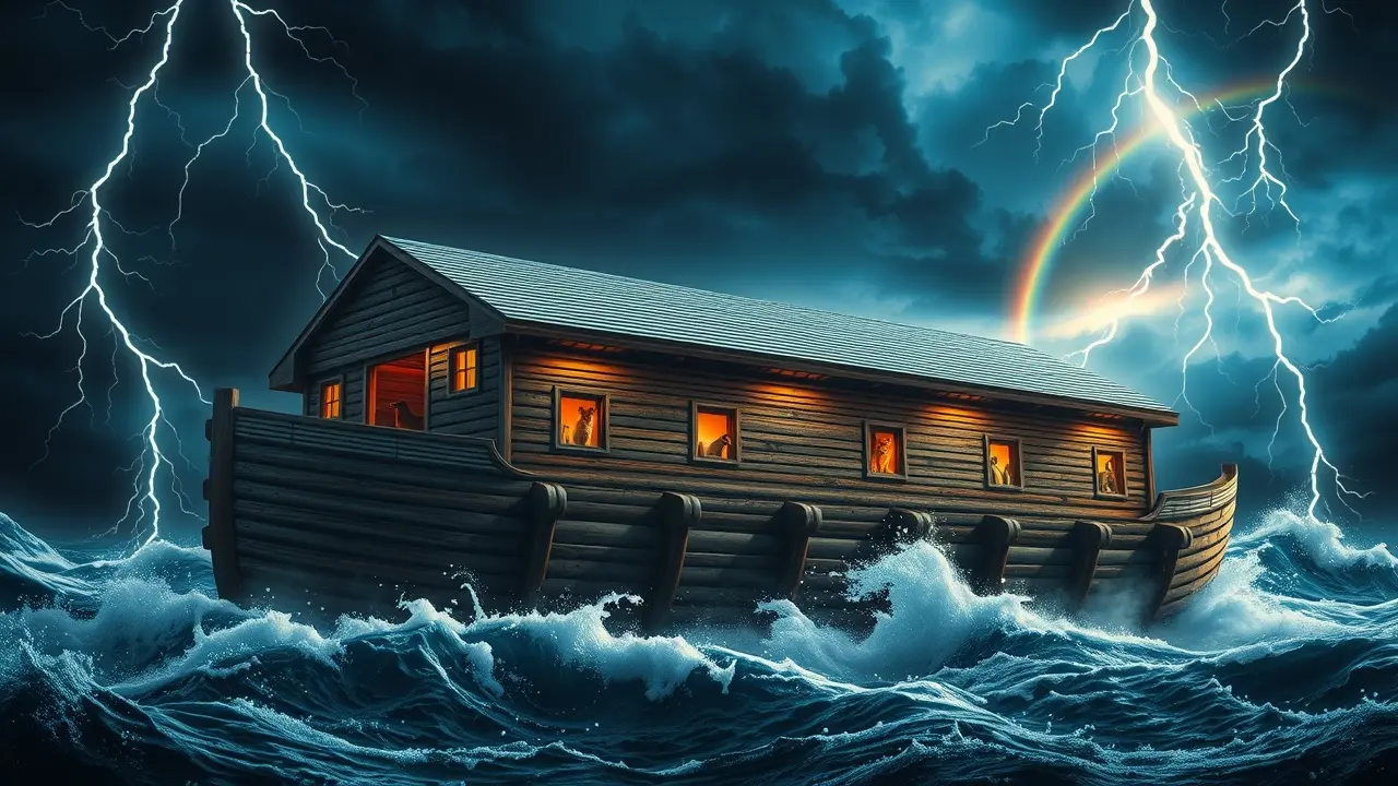 Sonhar com Noé: Descubra os Significados e Interpretações Arca de Noé durante o dilúvio, arte digital.