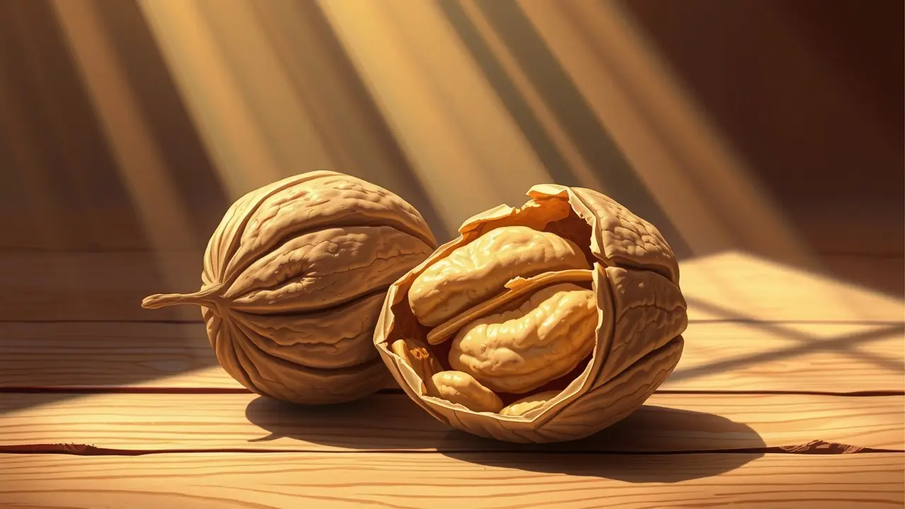 Noz rachada sobre mesa de madeira.