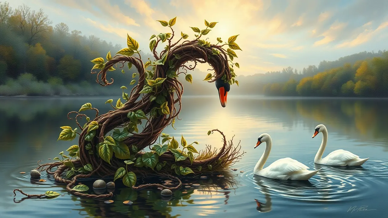 Significado de Sonhar com Número 2: Dualidade e Escolhas Número 2 feito de folhagens com dois cisnes nadando em lago, representando dualidade.