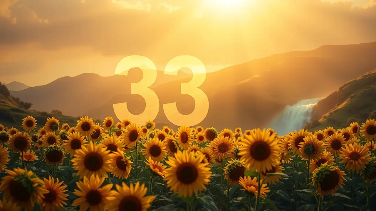 Significado de Sonhar com Número 33: Desvende os Mistérios! Número 33 em um campo de girassóis radiantes