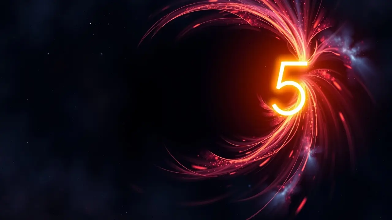 Número 5 brilhante emergindo de um vórtice colorido