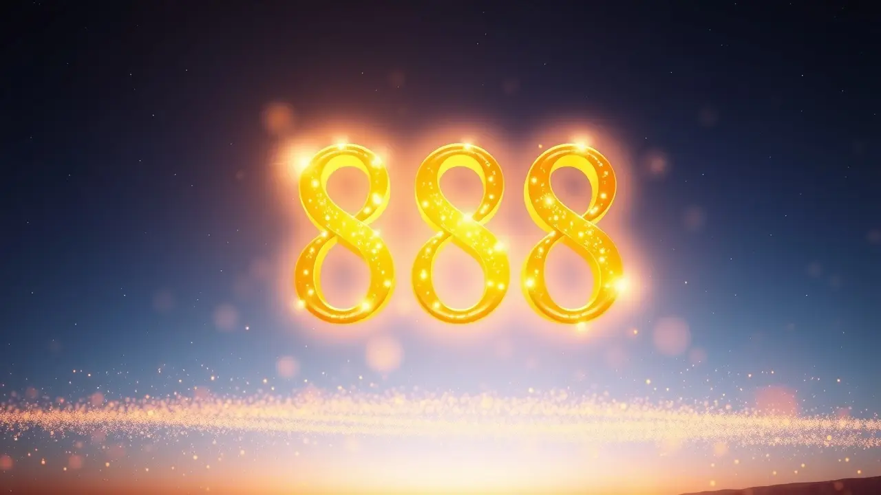 Número 888 dourado brilhando no céu noturno.