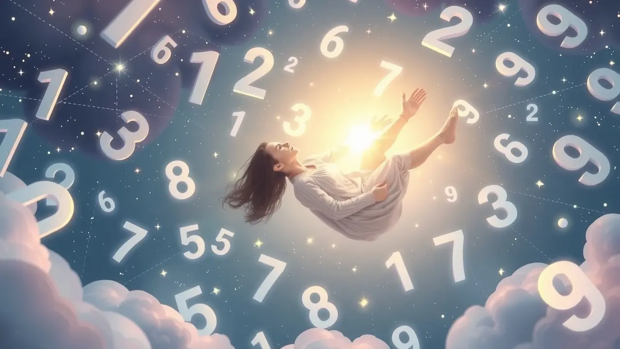 Significado de Sonhar com Número da Personalidade: Uma Análise Detalhada Sonhadora flutuando entre números cósmicos, número da personalidade brilhante.