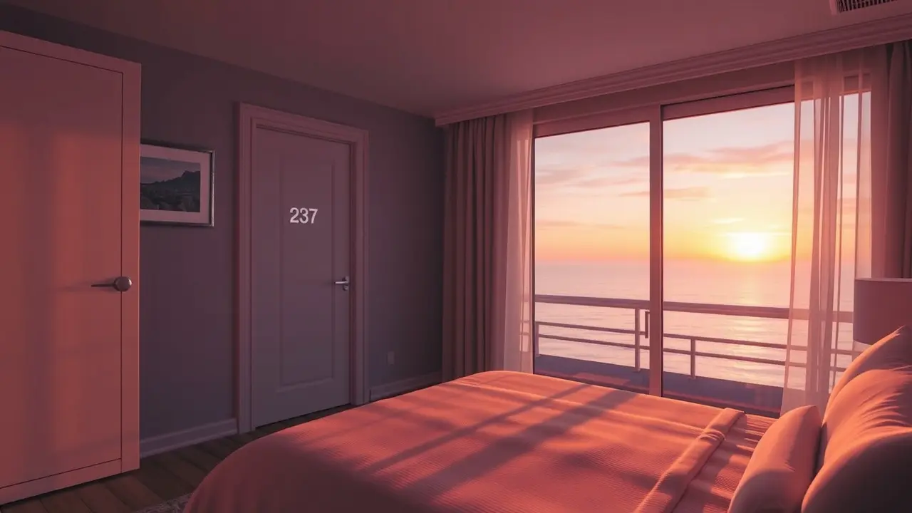 Sonhar com Número do Quarto de Hotel: Descubra o Significado! Quarto de hotel com o número 237 na porta, ao entardecer