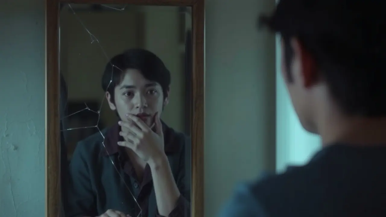 Sonhar com Número do RG: O que Significa? Reflexão sobre a identidade em um espelho rachado.