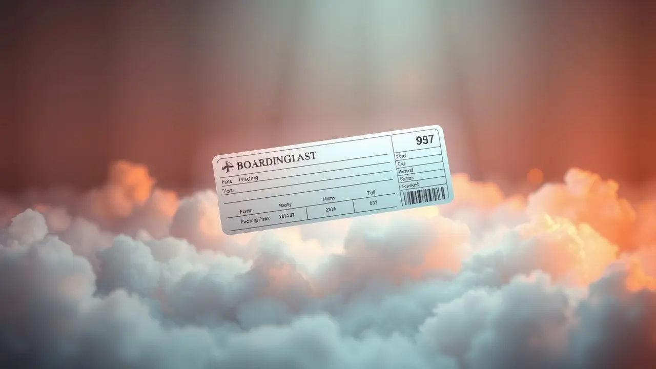 Passagem aérea flutuando nas nuvens com número de voo em destaque.