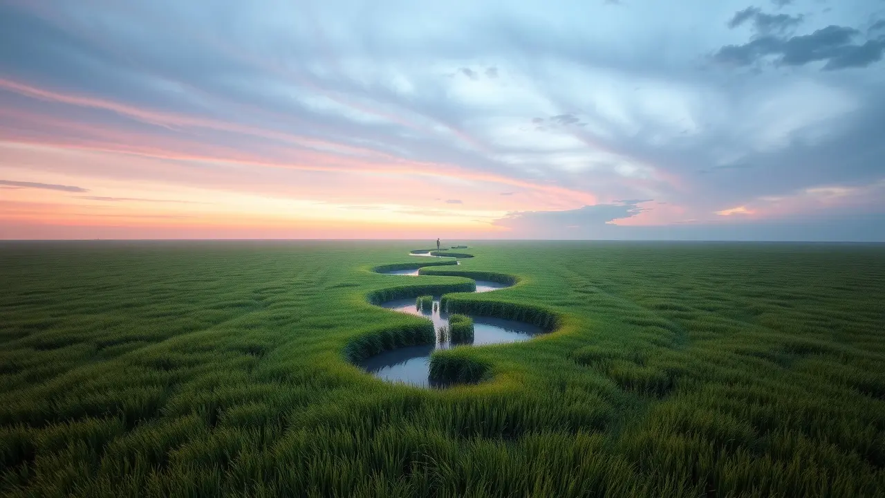 Campo verde com símbolo do infinito no horizonte, representando um sonho.