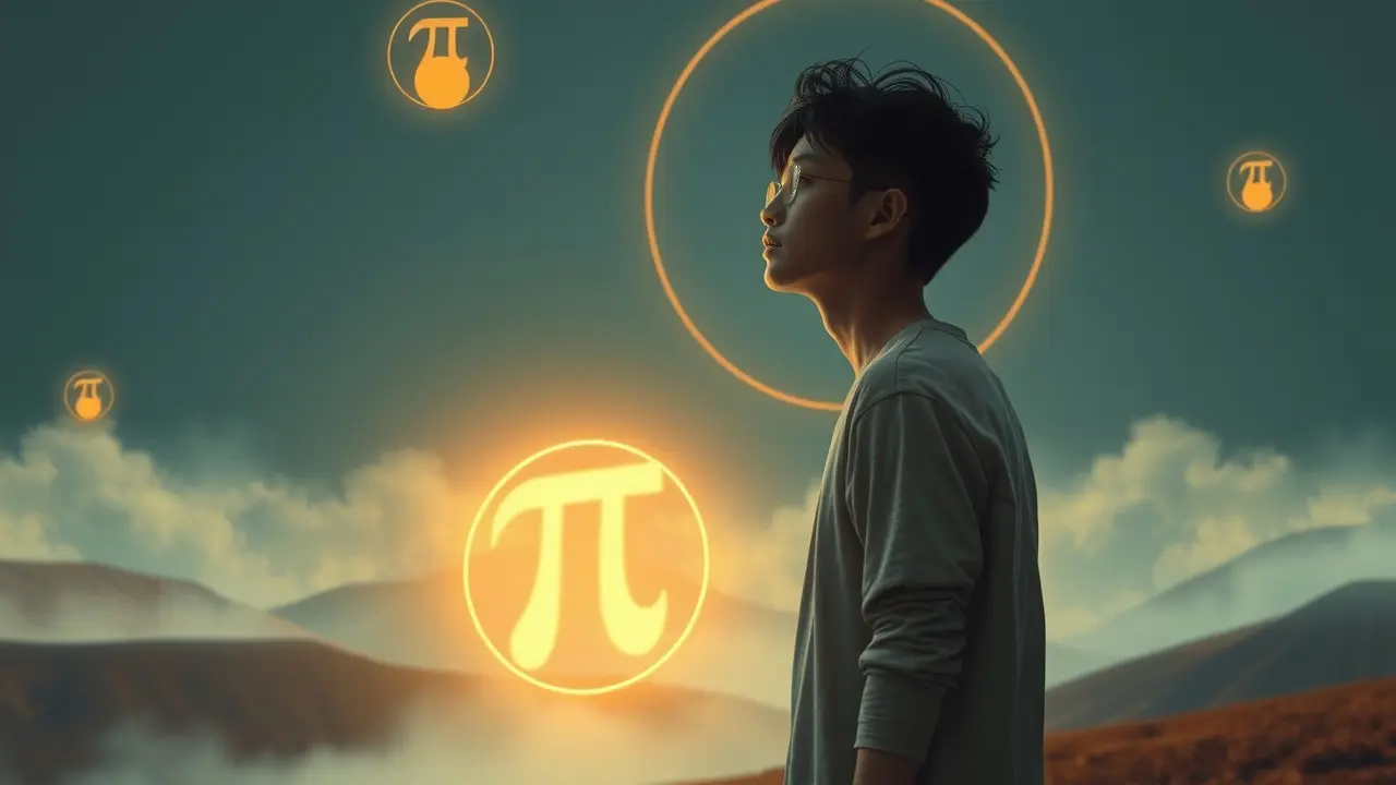 Um sonhador cercado por círculos e o número Pi luminoso.