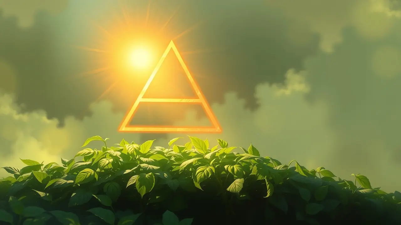 Sonhar com Número Triangular: Descubra o Significado Oculto Número triangular dourado flutuando sobre vegetação exuberante