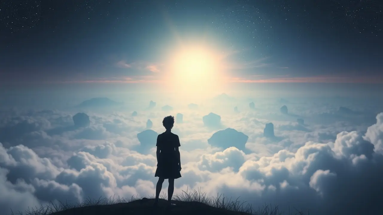 Homem observando paisagem onírica