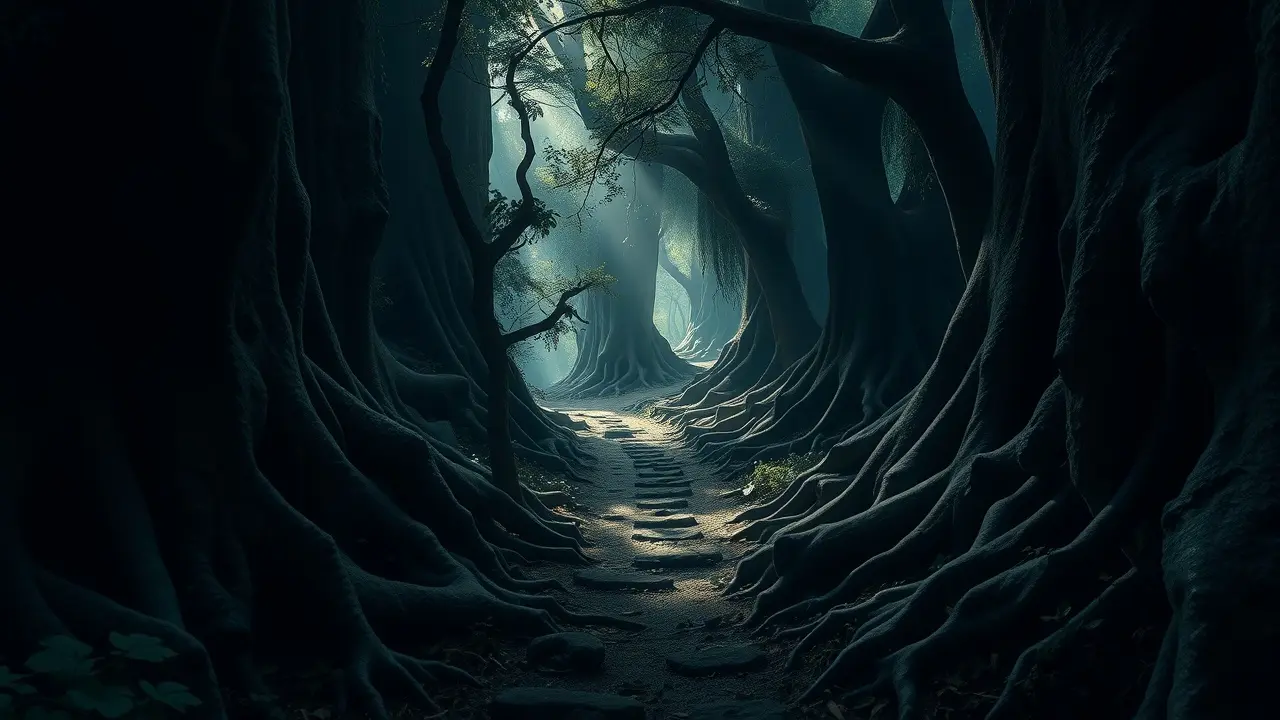 Caminho com obstáculos em uma floresta escura