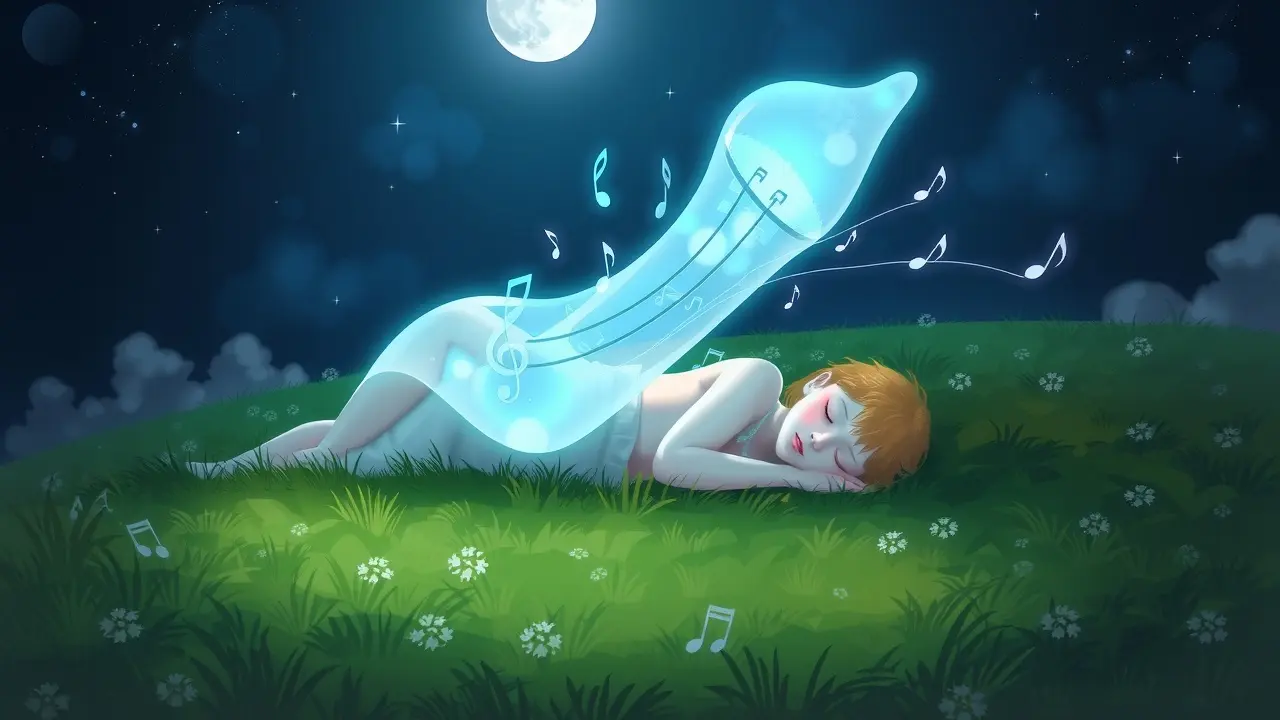 Homem sonhando com ocarina luminosa em campo verde.