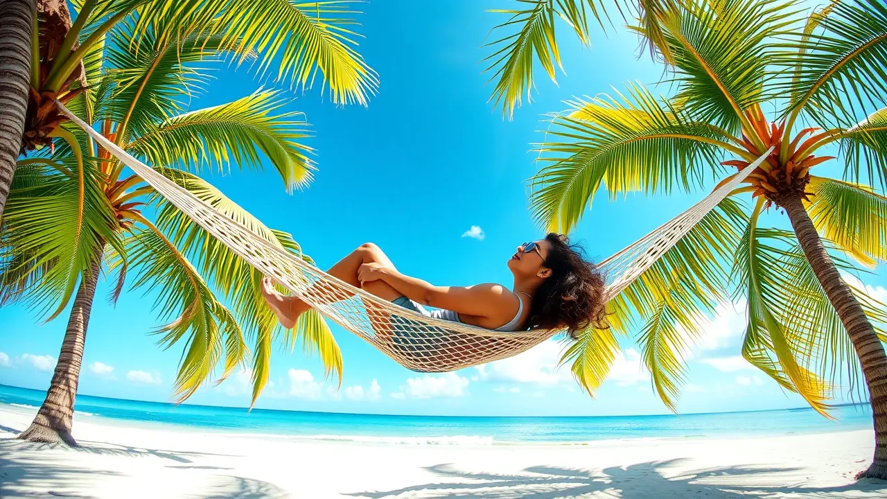 Sonhar com Ociosidade: Desvende os Significados e Reflexões Pessoa relaxando em rede, praia paradisíaca.