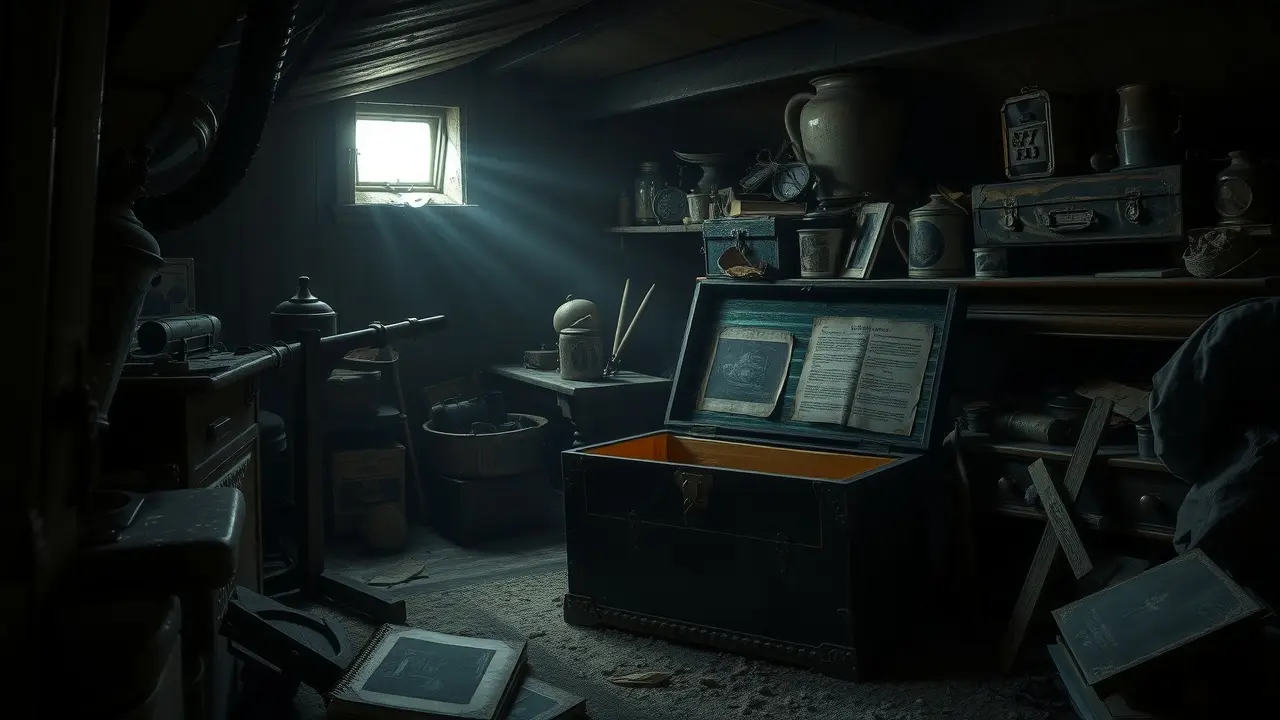 Sótão escuro com compartimento secreto, simbolizando ocultação e segredos.