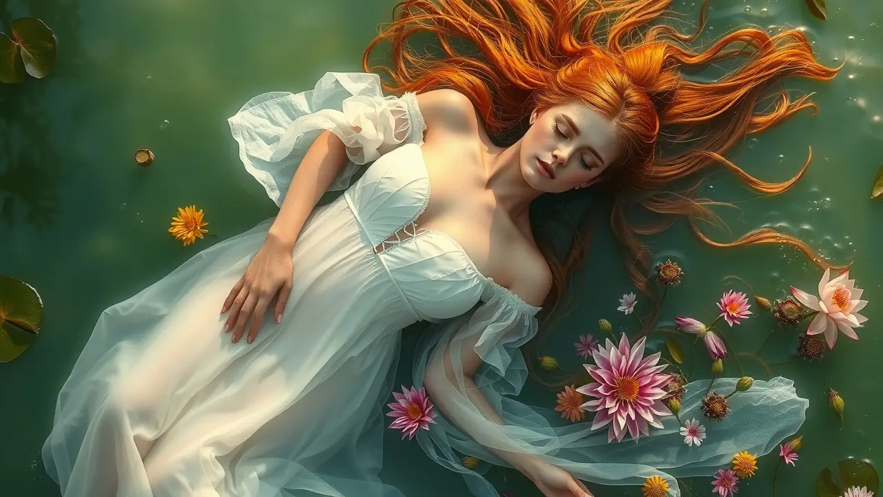 Ofélia flutuando em lago, expressão melancólica.