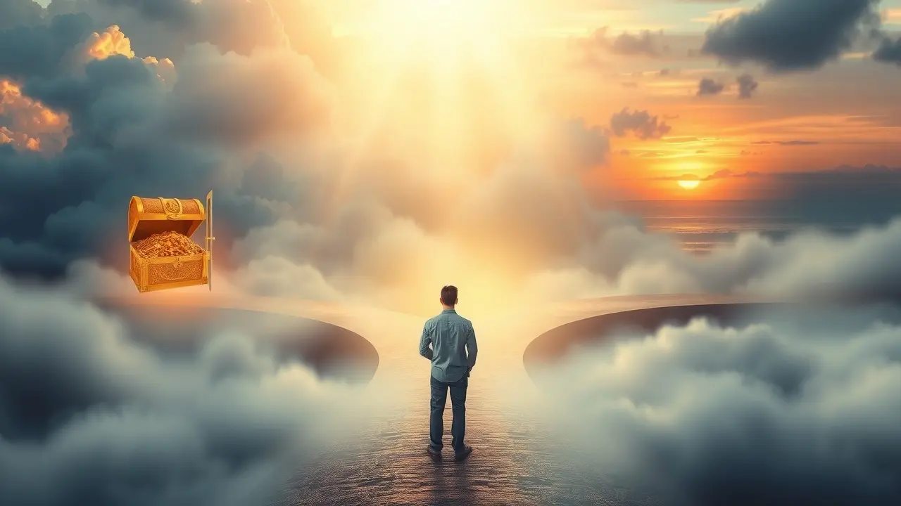 O Significado Profundo de Sonhar com Oferta: Desvendando Mensagens Ocultas Pessoa em uma encruzilhada onírica, representando escolhas e oportunidades.