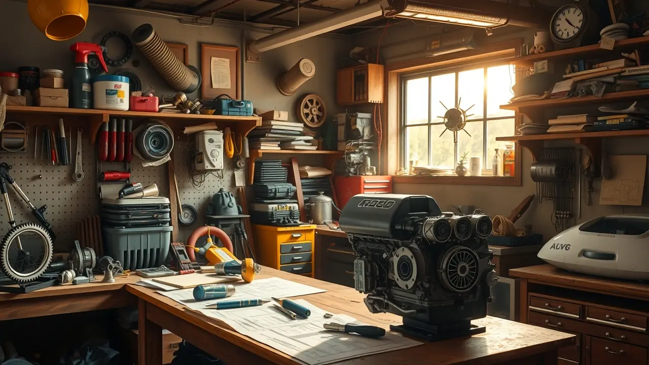 Oficina com ferramentas e peças