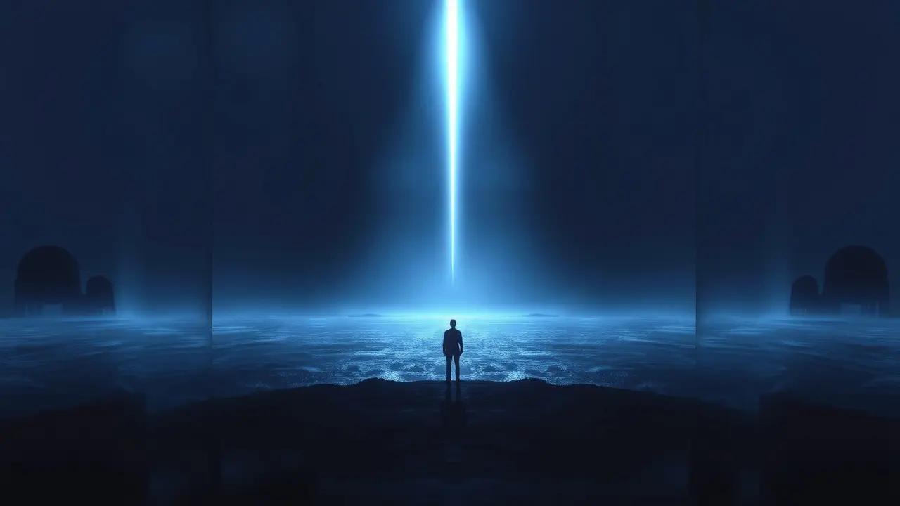 Pessoa contemplando o oceano primordial.