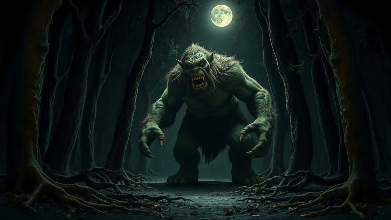 Ogro ameaçador na floresta escura.